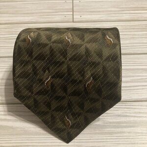 LINEA UOMO Men's Necktie Designer Green With Geometric Design Made In Italy EUC